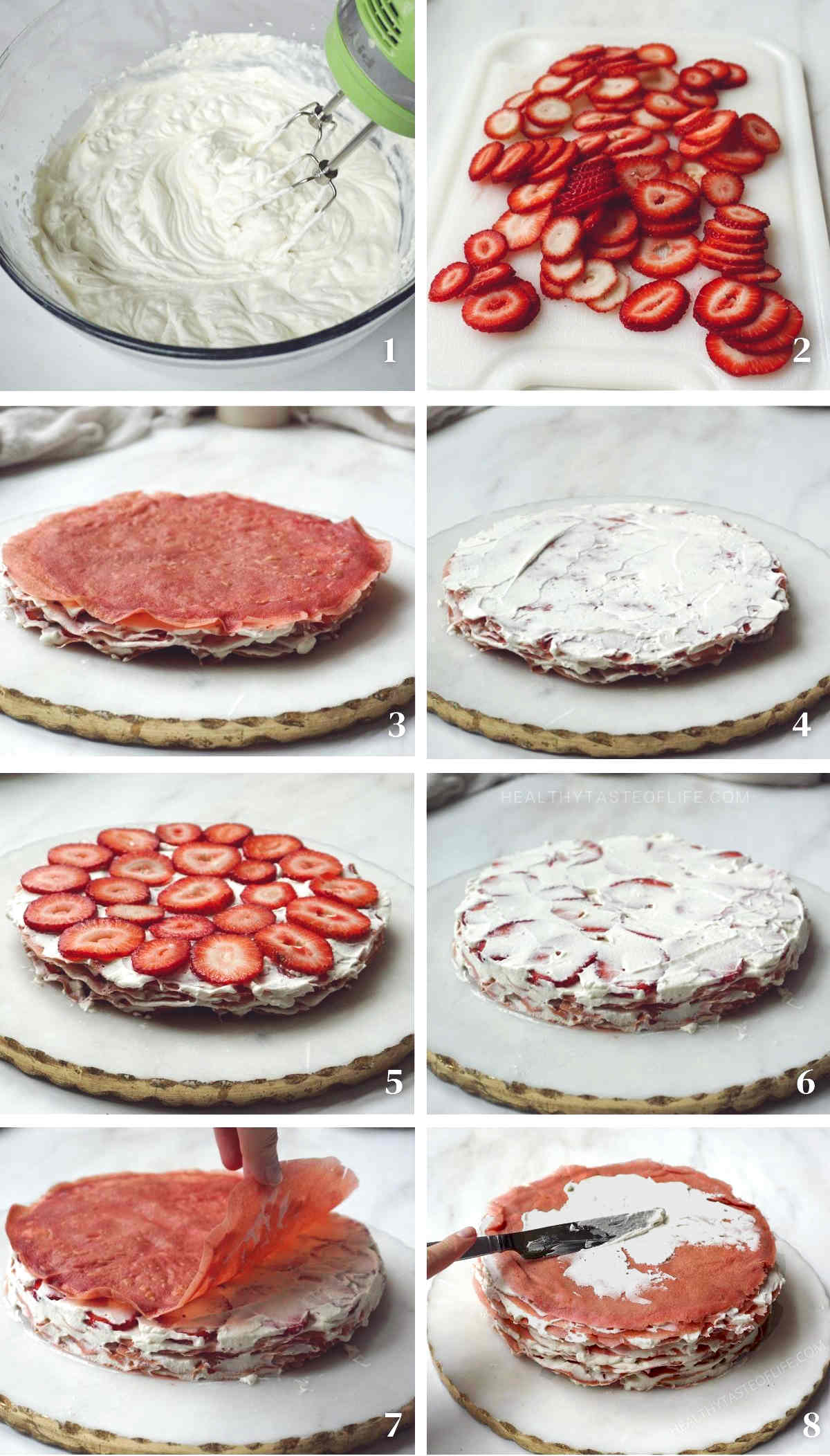 Process shots showing how to assemble the strawberry crepe cake / crepe cake with strawberries.