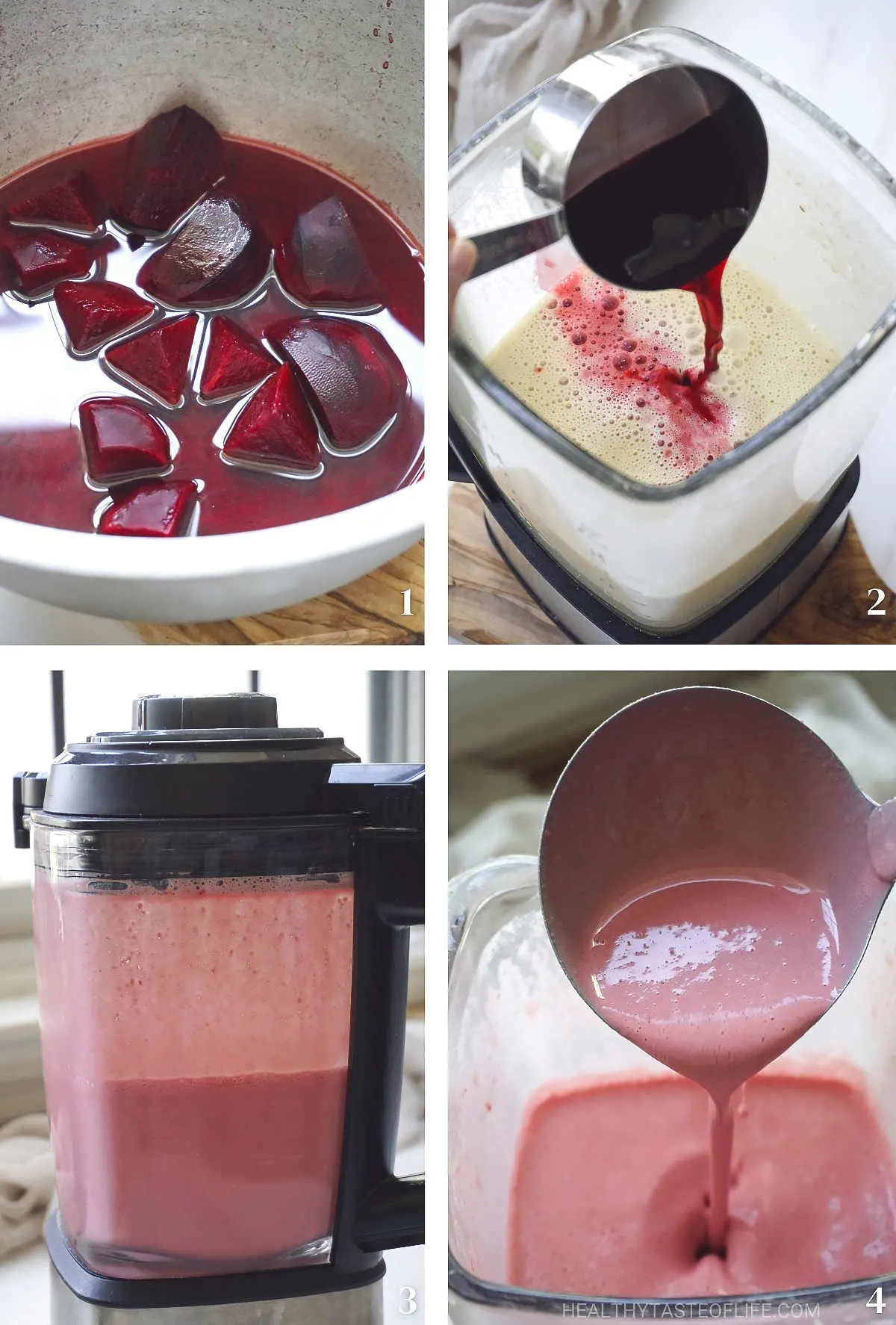 Process shots showing how to make pink crepe batter for strawberry crepes cake.