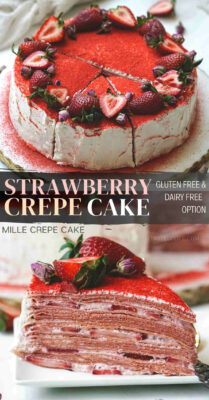 This strawberry crepe cake features layered paper thin crepes, a cream filling and juicy strawberries in between. Naturally colored and flavored this strawberry crepe cake can be customized to be gluten and dairy free with a few ingredient swaps. To reduce the workload, make the crepes the day before and assemble the strawberry mille crepe cake the next day. Strawberry crepe cake recipe great for summer. #strawberrycrepecake #crepecake #millecrepe #strawberrycake #glutenfreecake #dairyfreecake