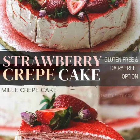 This strawberry crepe cake features layered paper thin crepes, a cream filling and juicy strawberries in between. Naturally colored and flavored this strawberry crepe cake can be customized to be gluten and dairy free with a few ingredient swaps. To reduce the workload, make the crepes the day before and assemble the strawberry mille crepe cake the next day. Strawberry crepe cake recipe great for summer. #strawberrycrepecake #crepecake #millecrepe #strawberrycake #glutenfreecake #dairyfreecake