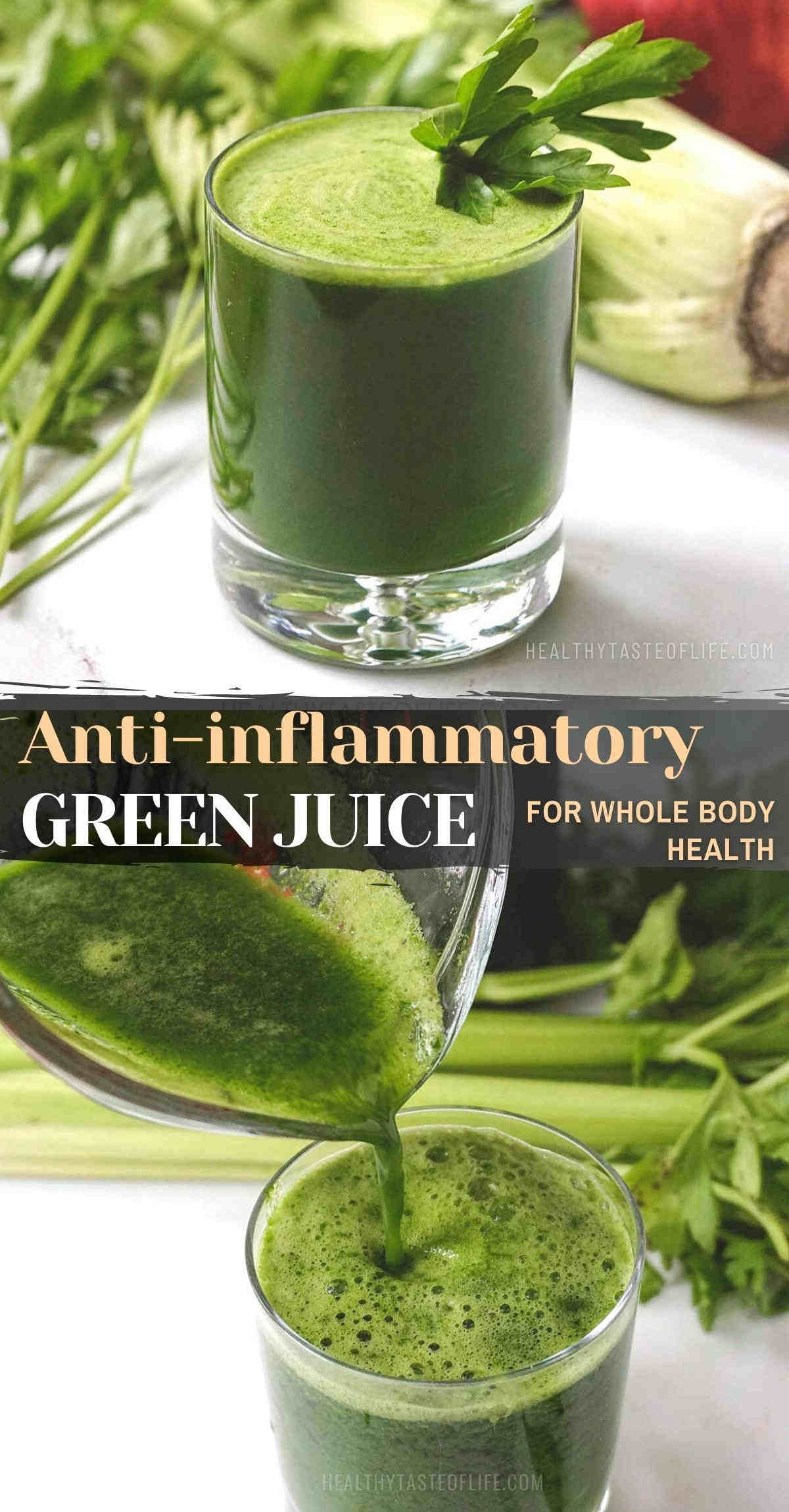 A super anti-inflammatory juice recipe loaded with inflammation-fighting ingredients like celery, collard greens, parsley, and apple. Drinking this green juice for inflammation will help regulate inflammatory symptoms, increase antioxidant and vitamin intake while giving your digestive system a rest. #inflammationjuice #antiinflammatoryjuice #recipe #juiceforinflammation #greenjuice