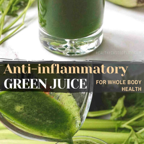 A super anti-inflammatory juice recipe loaded with inflammation-fighting ingredients like celery, collard greens, parsley, and apple. Drinking this green juice for inflammation will help regulate inflammatory symptoms, increase antioxidant and vitamin intake while giving your digestive system a rest. #inflammationjuice #antiinflammatoryjuice #recipe #juiceforinflammation #greenjuice