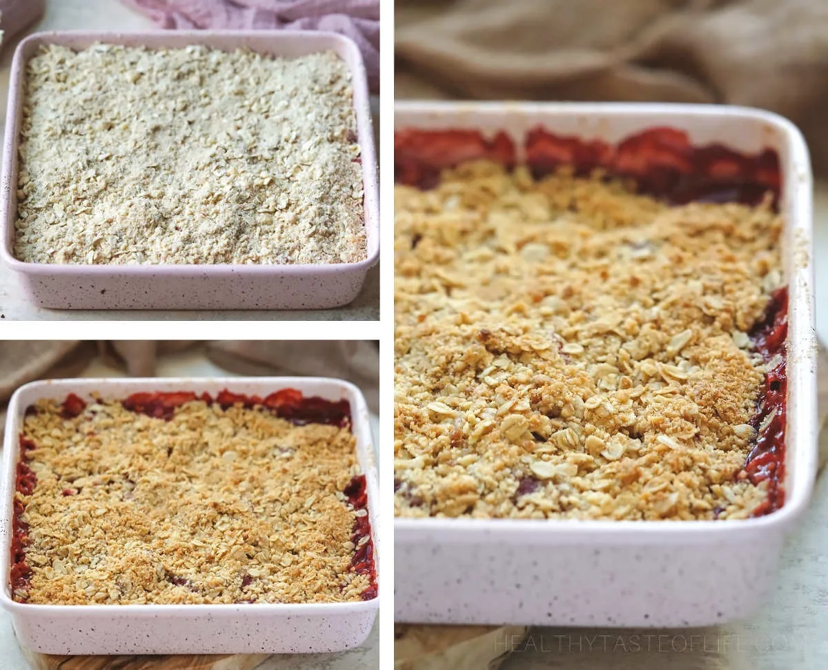 Baked strawberry crumble crisp cooling in the baking dish.