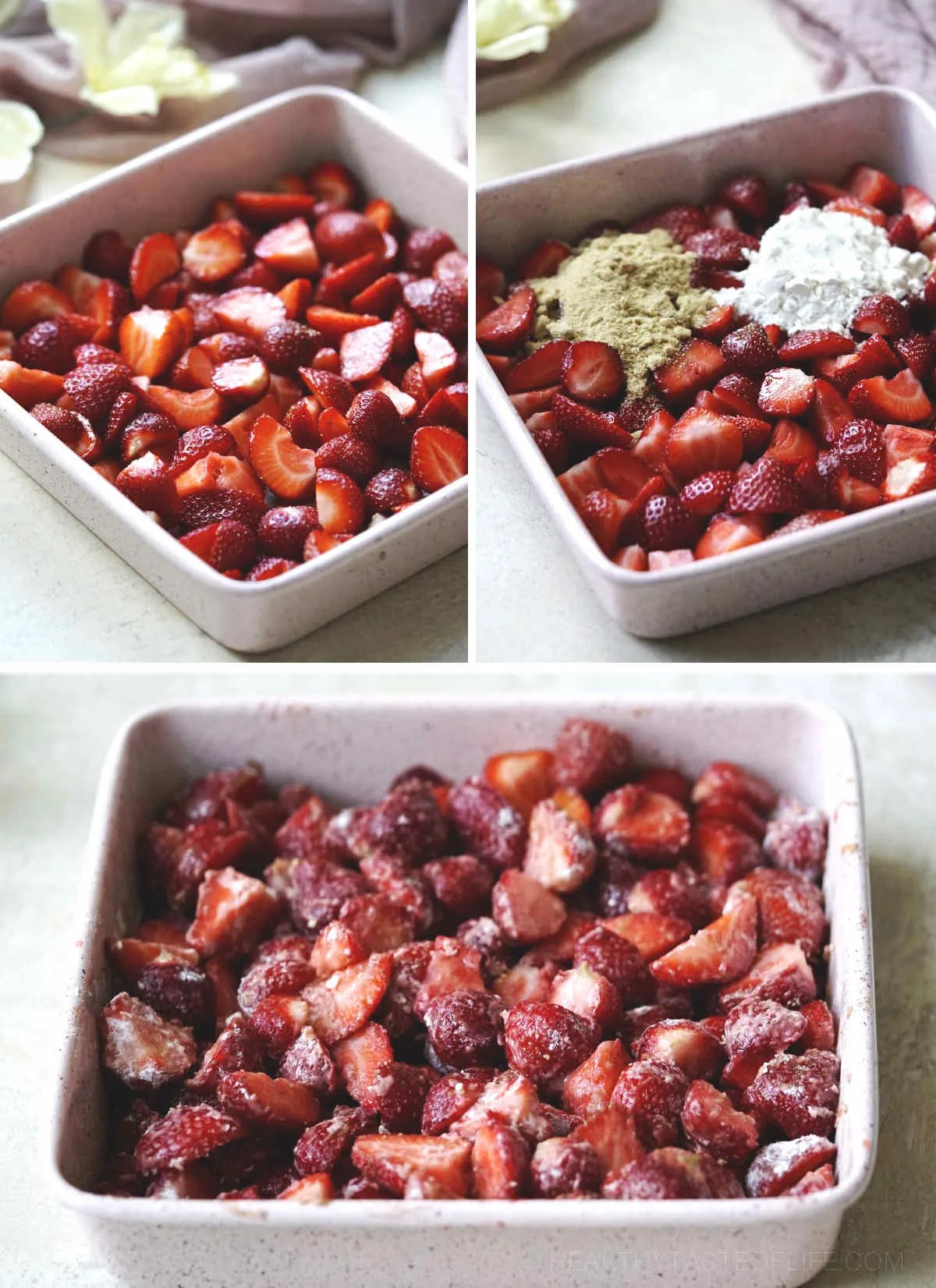 Process images showing how to make strawberry filling with fresh strawberries for this strawberry crumble recipe.