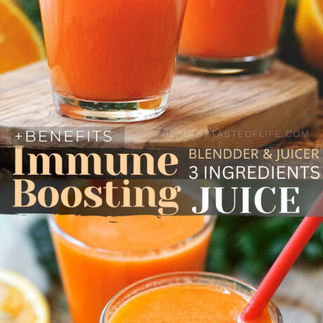 This immune booster juice is made with carrot orange and ginger and makes the perfect immunity booster drink for adults & kids. Healthy and refreshing, but ialso tasty, easy to make and with a vibrant color! It’s the best immunity juice recipe that you can make by either using a juicer or a blender. This carrot orange ginger juice is not only great for boosting immunity, but it's also excellent for skin, eyesight, and cardiovascular health. #immunity #juice #immunebooster #orange #carrot #ginger