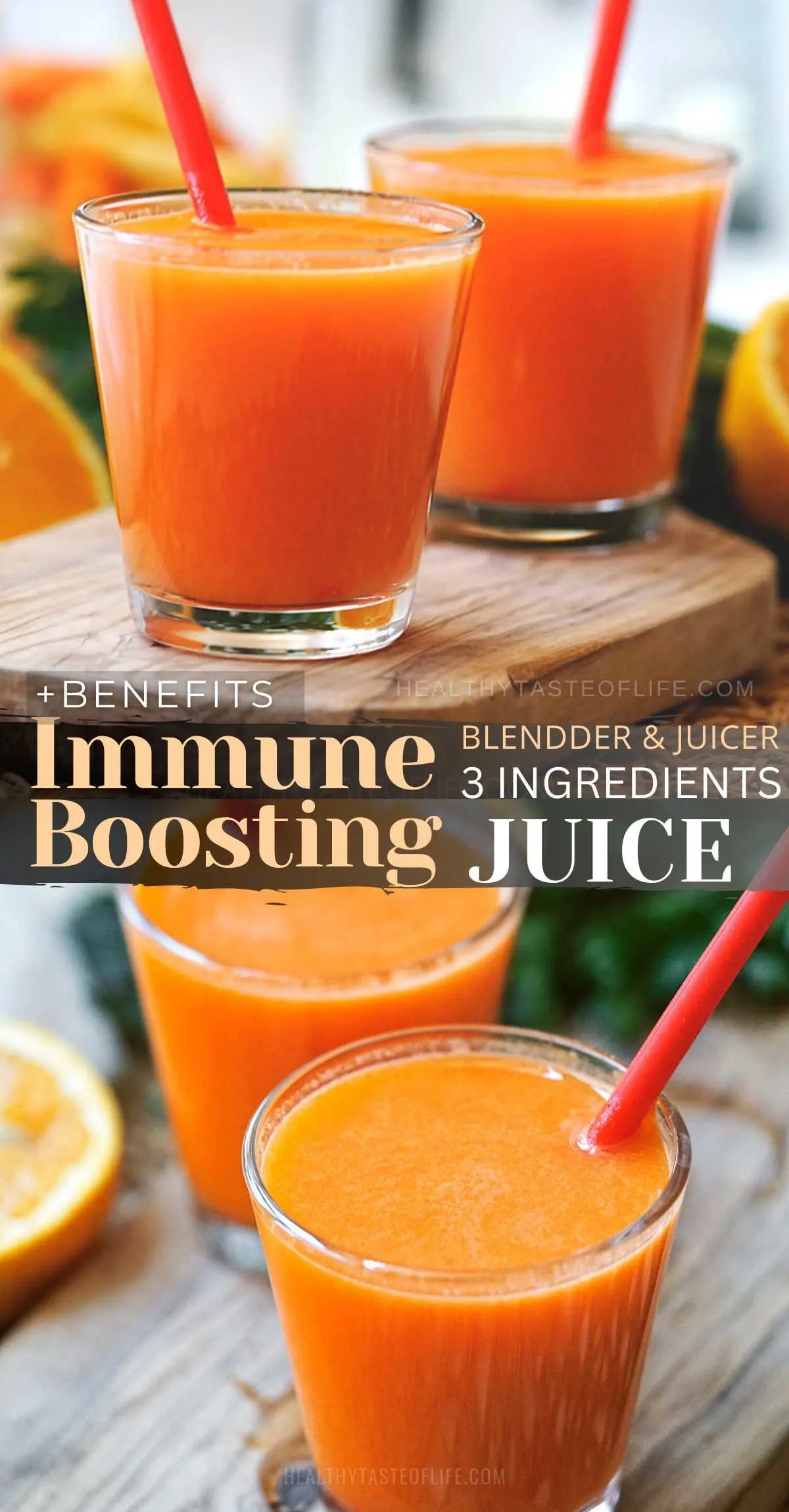 This immune booster juice is made with carrot orange and ginger and makes the perfect immunity booster drink for adults & kids. Healthy and refreshing, but ialso tasty, easy to make and with a vibrant color! It’s the best immunity juice recipe that you can make by either using a juicer or a blender. This carrot orange ginger juice is not only great for boosting immunity, but it's also excellent for skin, eyesight, and cardiovascular health. #immunity #juice #immunebooster #orange #carrot #ginger