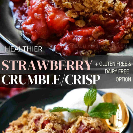 A delicious strawberry crumble recipe with healthier ingredients. This strawberry dessert comprises a caramelized strawberry filling topped with a mixture of rolled oats, sweetener, butter, and a touch of flour. It all goes into the oven and is baked until it’s golden brown, crisp and bubbly similar to a strawberry crisp. This strawberry crumble recipe can be made gluten free, dairy free, vegan and still taste delicious. #strawberrycrumble #strawberrycrisp #strawberrydessert #healthydessert