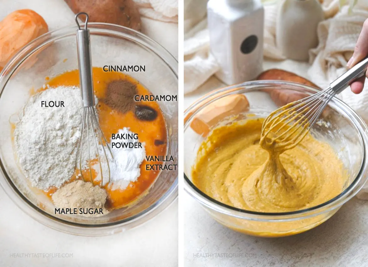 Process shots showing how to make the sweet potato pancake batter by adding dry ingredients.