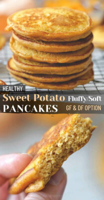 Looking for a delicious and easy-to-make sweet potato pancake recipe? This simple recipe for sweet potato pancake requires just one bowl and yields fluffy, flavorful pancakes with nutritional benefits. Easily make them gluten free and dairy free. These sweet potato pancakes are a delicious twist on the classic breakfast dish, make a double batch to freeze for later! #sweetpotatopancakes #healthypancakes #breakfastrecipe #pancakes #easy #healthy #cleaneating