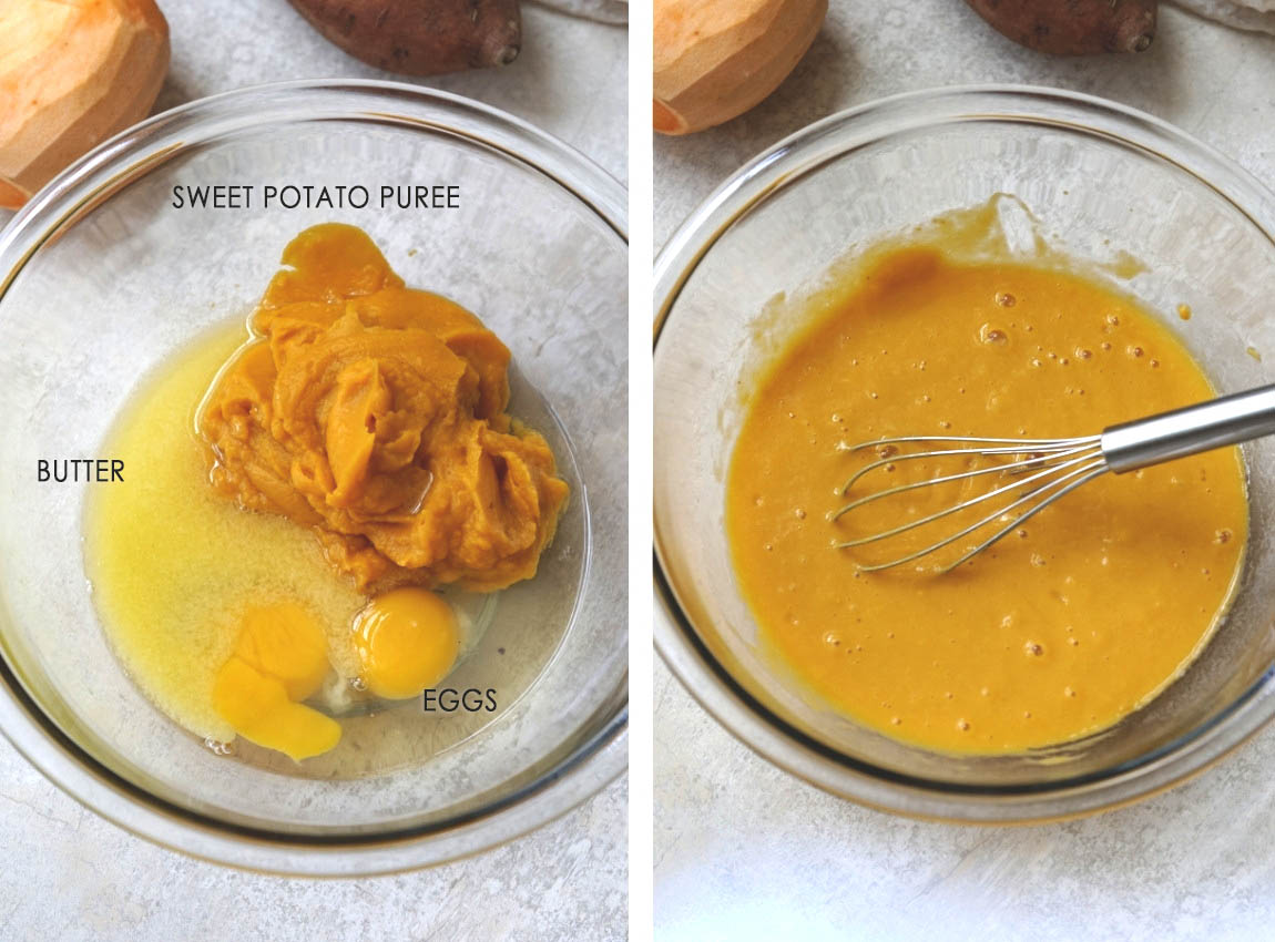 Process shots showing how to make the sweet potato pancake batter by adding first liquid ingredients.