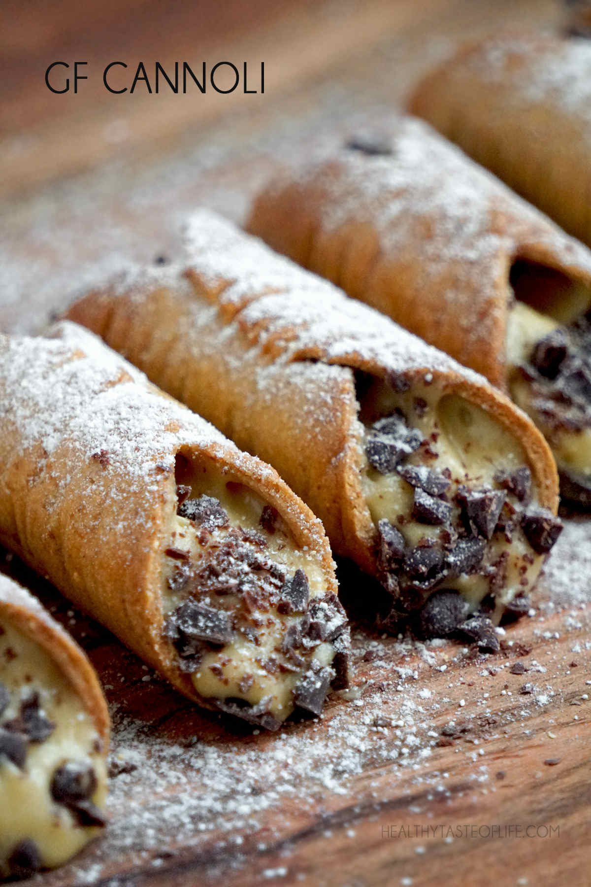 Gluten free cannoli shells filled with dairy free willing (no cheese).