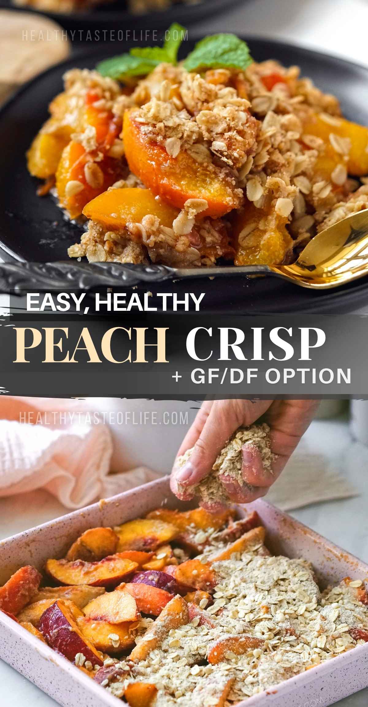 This easy healthy peach crisp is the perfect way to use fresh summer peaches! Made with fresh juicy peaches and a golden oat crumble topping, this homemade peach crisp is cozy, naturally sweet, and simple to make. With easy gluten-free, dairy-free, and refined sugar-free options, it's a wholesome peach dessert that's perfect for summer gatherings, BBQs, potlucks, holidays, or a simple weeknight treat. Serve it warm with vanilla ice cream or yogurt for one of the best fresh peach recipes of the season.