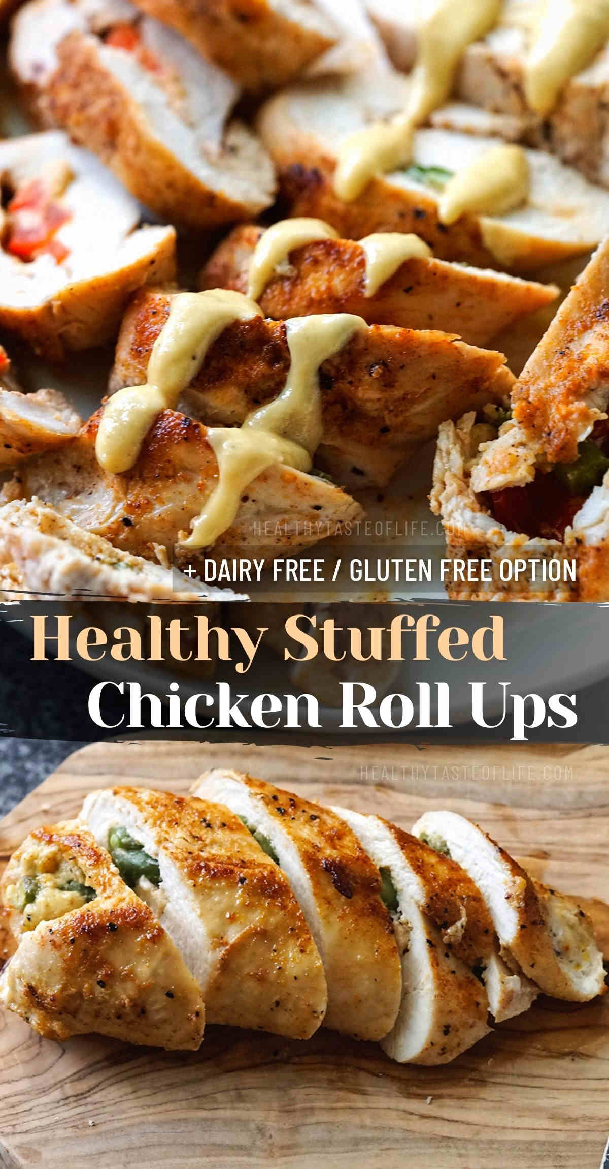 Stuffed chicken roll ups - a healthy stuffed chicken breast recipe (dairy free too). 