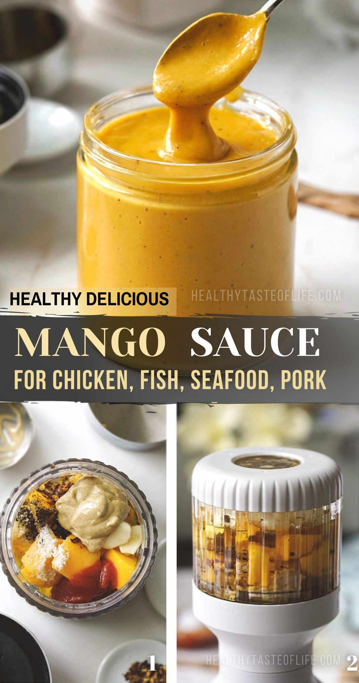 Sweet mango sauce with fruity notes and a slight kick, perfect as marinade for chicken, fish and seafood, or for topping the grilled meat and veggies. You can also use this creamy mango sauce as pasta sauce or drizzled over salads to jazz them up. Make this mango sauce recipe hot and spicy with habanero peppers or light and sweet, it's up to you! #mangosauce #mangorecipe
