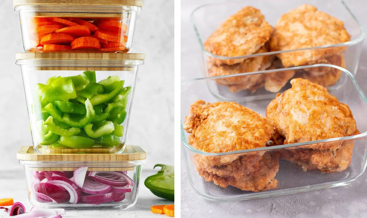 Meal prep tip for busy moms showing how to keep prepped food in different containers.