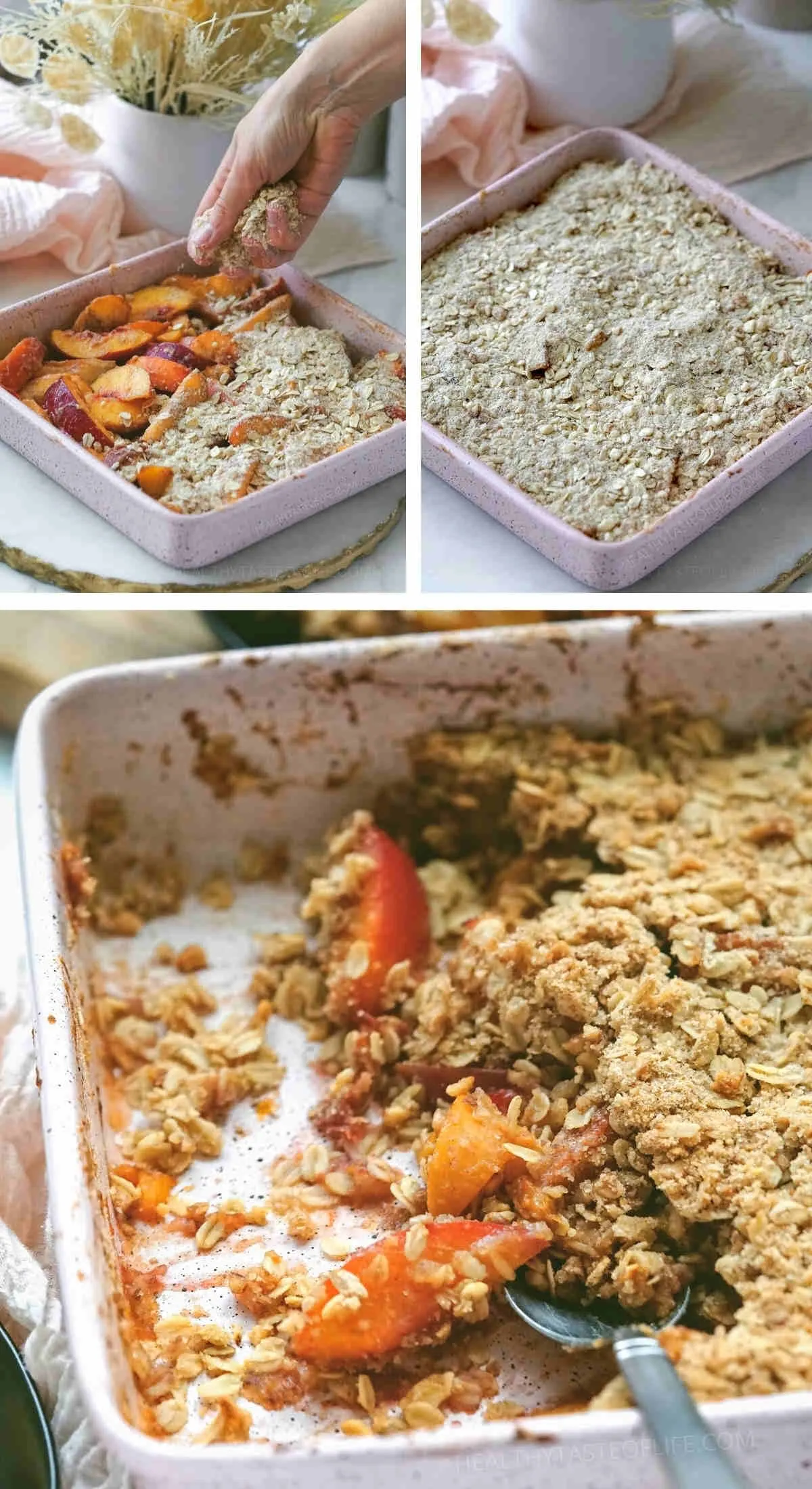 Process shots showing how to put together the peach filling and crumble topping for the peach crisp recipe.