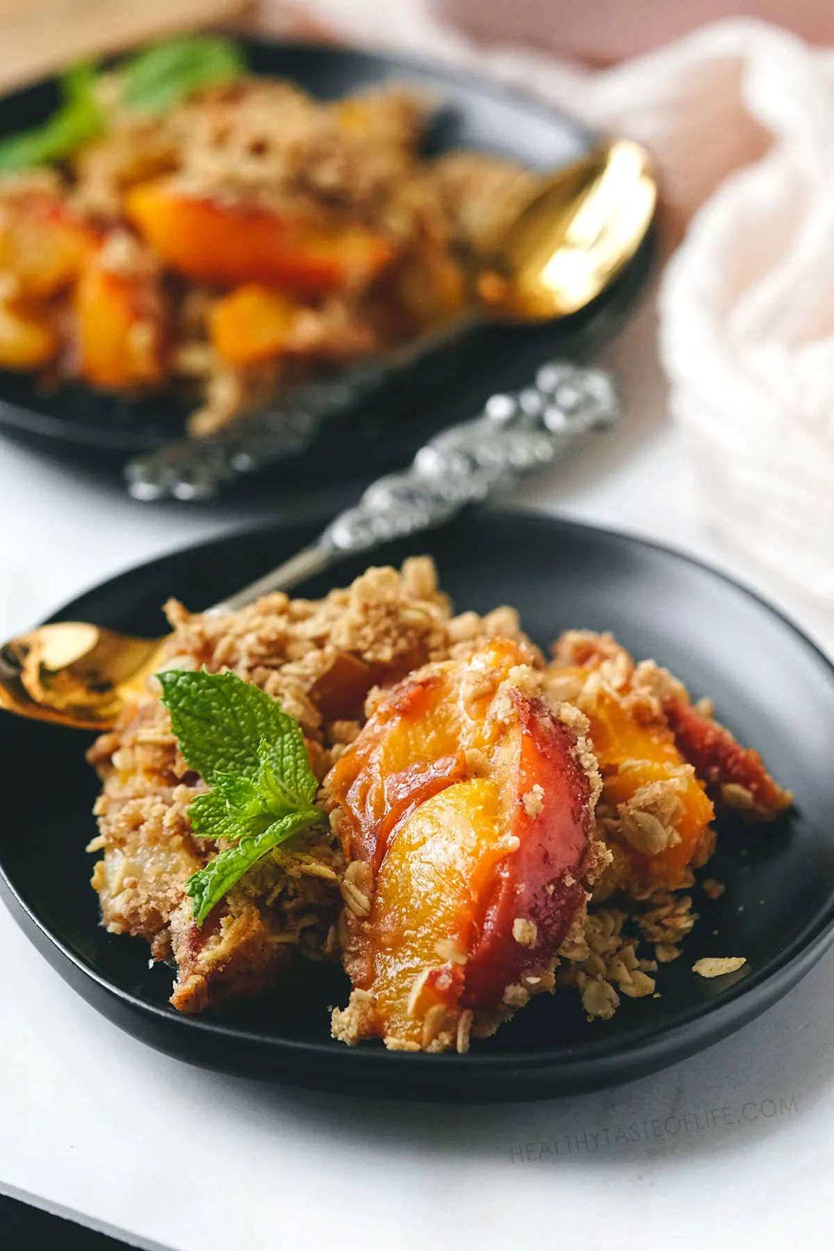 Peach crisp or crumble with oats.