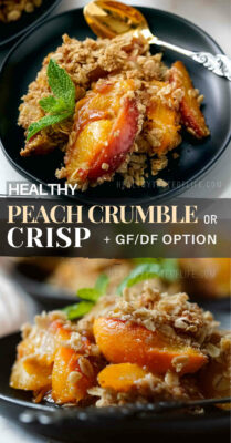 This peach crumble recipe with oats is a must-try at the height of the peach season! Its a healthy peach dessert with lighter ingredients. This recipe features ripe fresh peaches covered with an oat crumble, a streusel-like topping which forms a golden crisp crust once baked. Simple, easy peach crisp as summer dessert. This peach oat crumble can easily be made gluten-free or dairy-free as well. #peachdessert #peachcrisp #peachcrumble #healthydessert #glutenfree #dairyfree