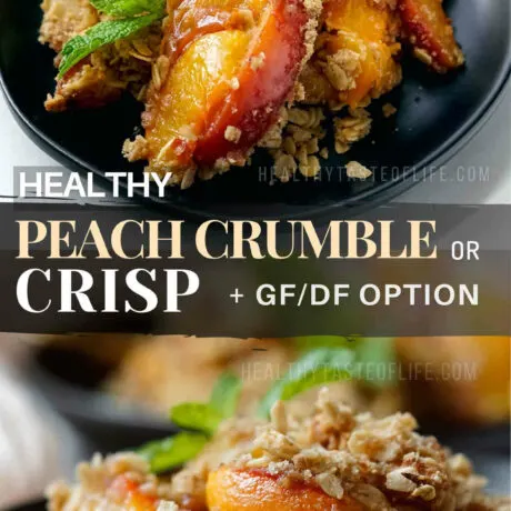 This peach crumble recipe with oats is a must-try at the height of the peach season! Its a healthy peach dessert with lighter ingredients. This recipe features ripe fresh peaches covered with an oat crumble, a streusel-like topping which forms a golden crisp crust once baked. Simple, easy peach crisp as summer dessert. This peach oat crumble can easily be made gluten-free or dairy-free as well. #peachdessert #peachcrisp #peachcrumble #healthydessert #glutenfree #dairyfree