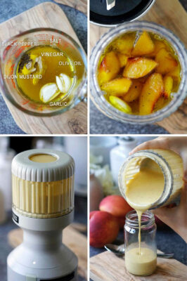 Process shots showing how to make peach salad dressing with a creamy texture in a blender.