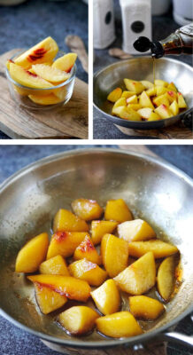 Process shots showing how to make peach vinaigrette with caramelized peach fruit.