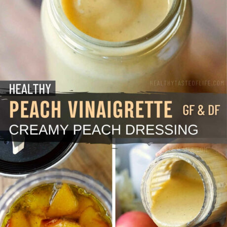 This peach vinaigrette is a light and refreshing salad dressing - perfect for summer. It is made with peaches, vinegar, olive oil, and a variety of seasonings. As a versatile flavoring sauce this peach salad dressing can be used on green salads, fruit salads, or even grilled chicken or fish. Give this peach vinaigrette a try either using fresh peaches or cooked peaches. #peachvinaigrette #peachdressing #dairyfreedressing #glutenfreedressing