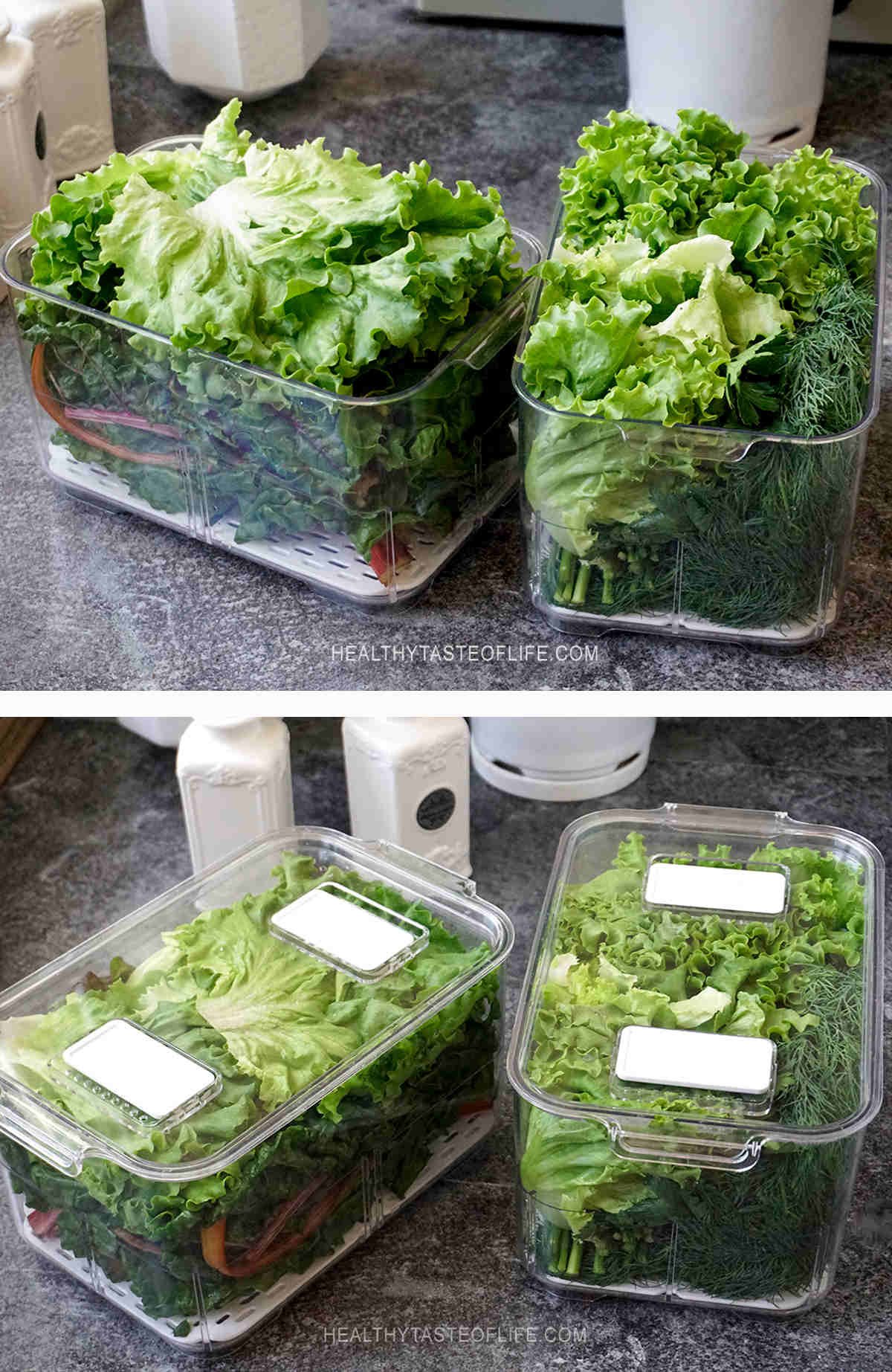 Leafy green vegetables washed with ozonated water (and dried) stored in ventilated containers. These can keep fresh and crisp to up to 12 days in my fridge.