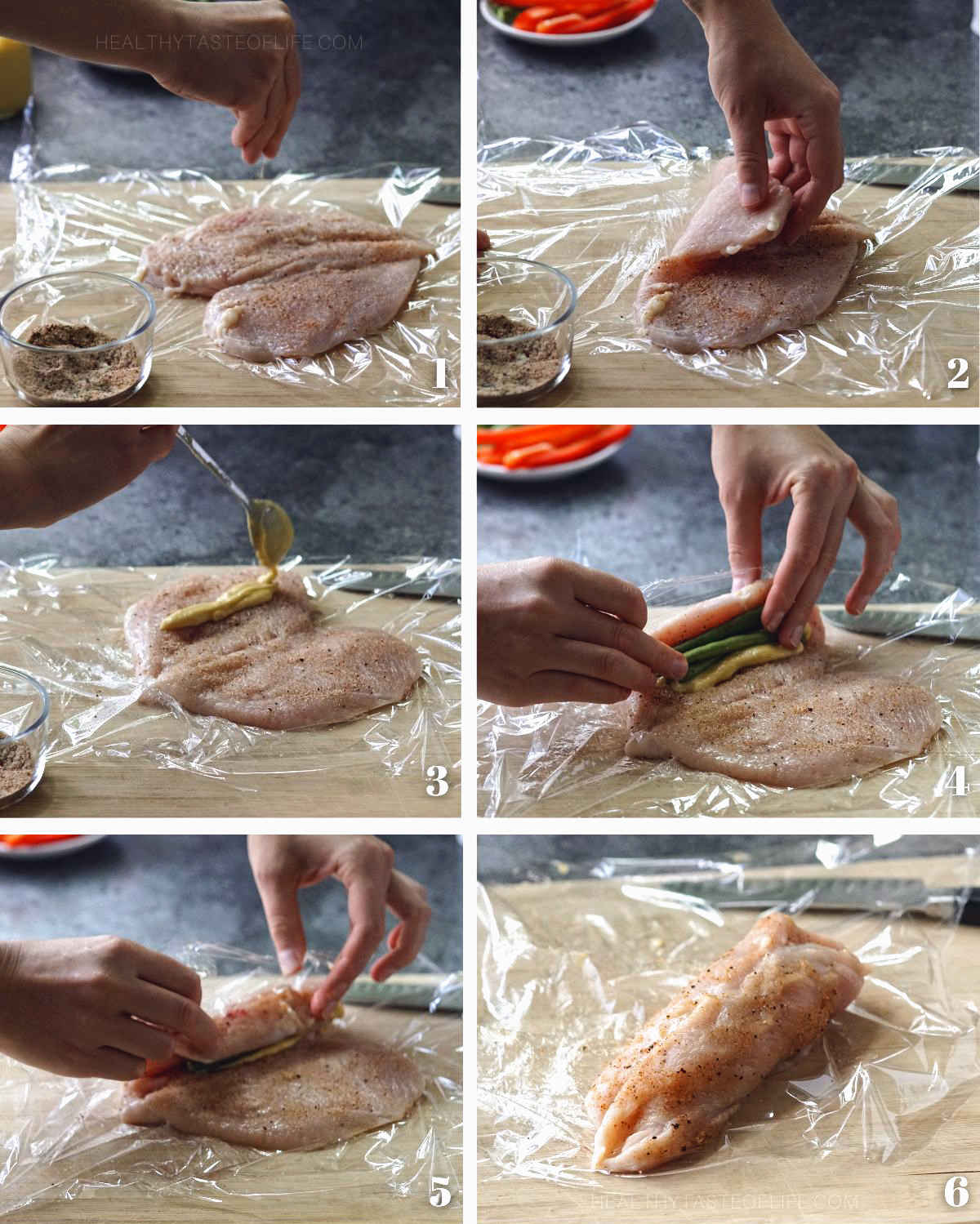 Process shots showing steps on how to season the pounded chicken, stuff it and roll it up.