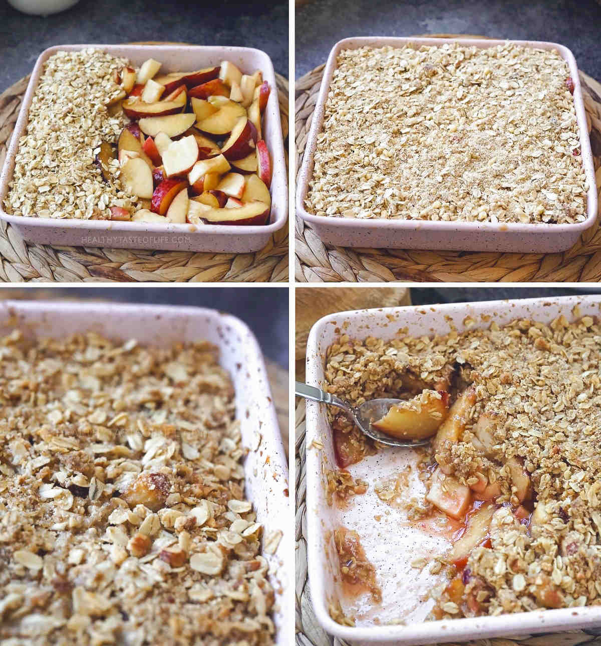 Process shots showing how to assemble the apple and plum crumble, how to bake and serve.