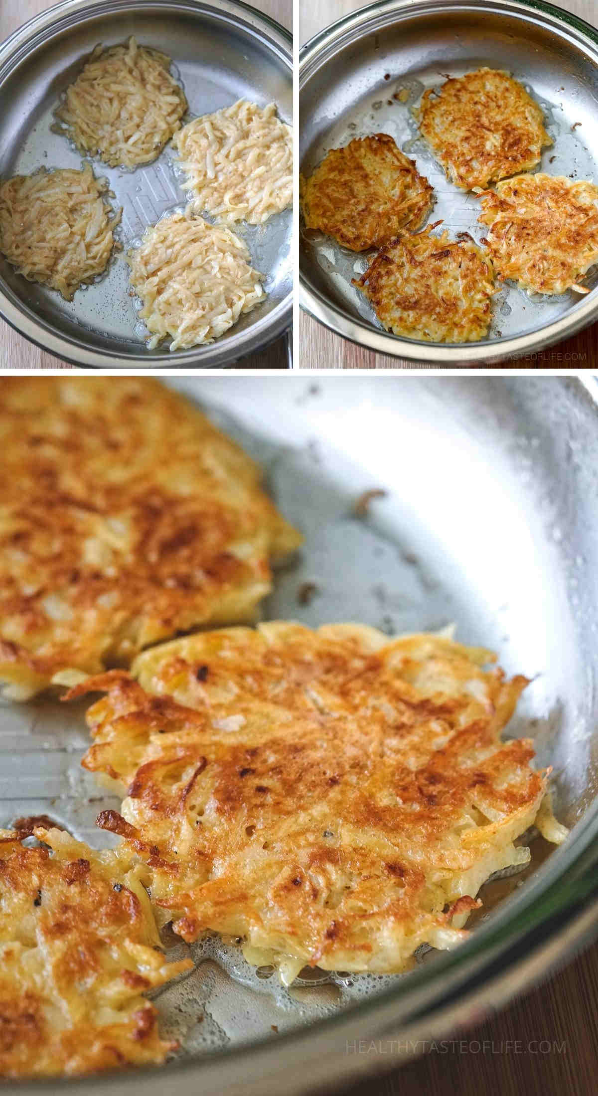 Process shots showing how to cook potato fritters / pancakes in a pan.