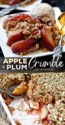 This apple plum crumble recipe features mixed fresh apples and plums topped with a crunchy oat crumble topping and baked in the oven to a golden brown perfection (aka apple plum crisp). It's a perfect fruit dessert for a crowd in the fall season! #apple #plum #crumble #crisp #dessert #recipe #fall #fruitdessert #healthydessert