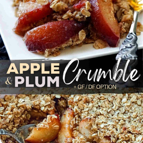 This plum and apple crumble recipe is perfectly balancing the tartness of apples with the sweetness of plums, and is topped with a crunchy crumble then baked in the oven to a golden brown perfection (aka apple and plum crisp). Whether you're looking for a gluten-free dessert or a comforting fruit treat in the fall season, this Apple and Plum Crumble is amazing. Save this easy plum and apple crumble recipe now! #ApplePlumCrumble #FallDesserts #GlutenFree #plum #apple #crisp #fruitcrumble