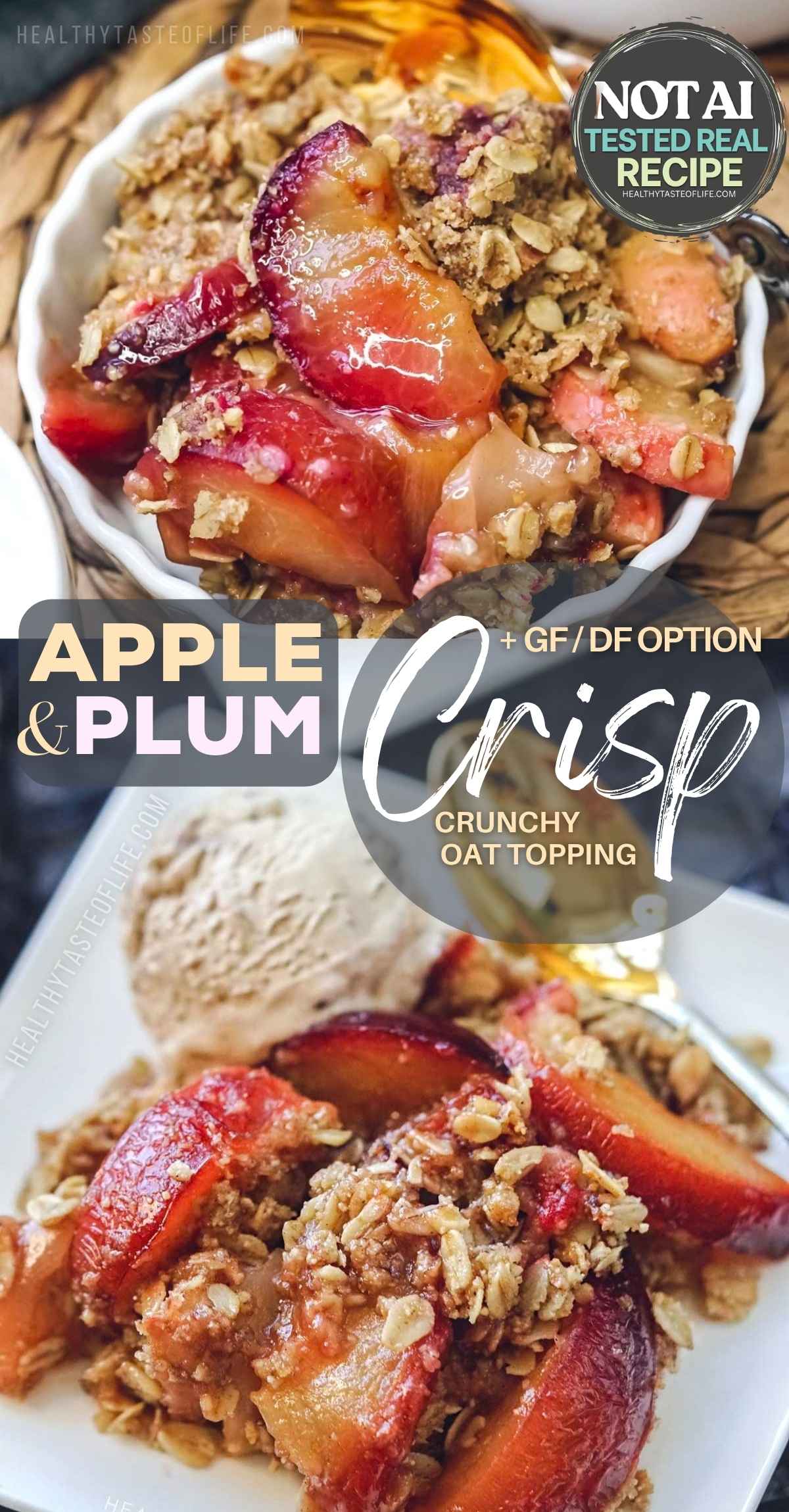 This apple plum crisp combines tender apples and juicy plums under a crunchy oat walnut topping made with rolled oats, maple sugar and cold butter. It’s a simple fruit dessert with plenty of texture, a lightly sweet filling, and easy gluten-free and dairy-free options. Perfect for late-summer plum season, fall baking, or whenever you want an easy apple plum crisp with oats.
