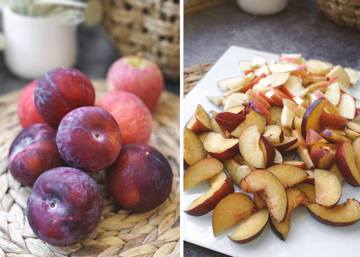 Plums and apple, how to cut these fruits for an oat crumble dessert.