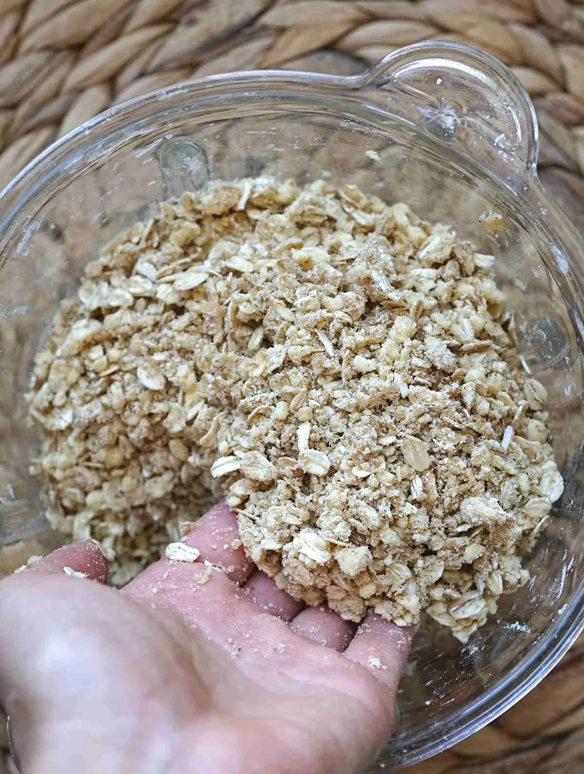 Picture showing how the texture of this crumble topping should look like before baking.