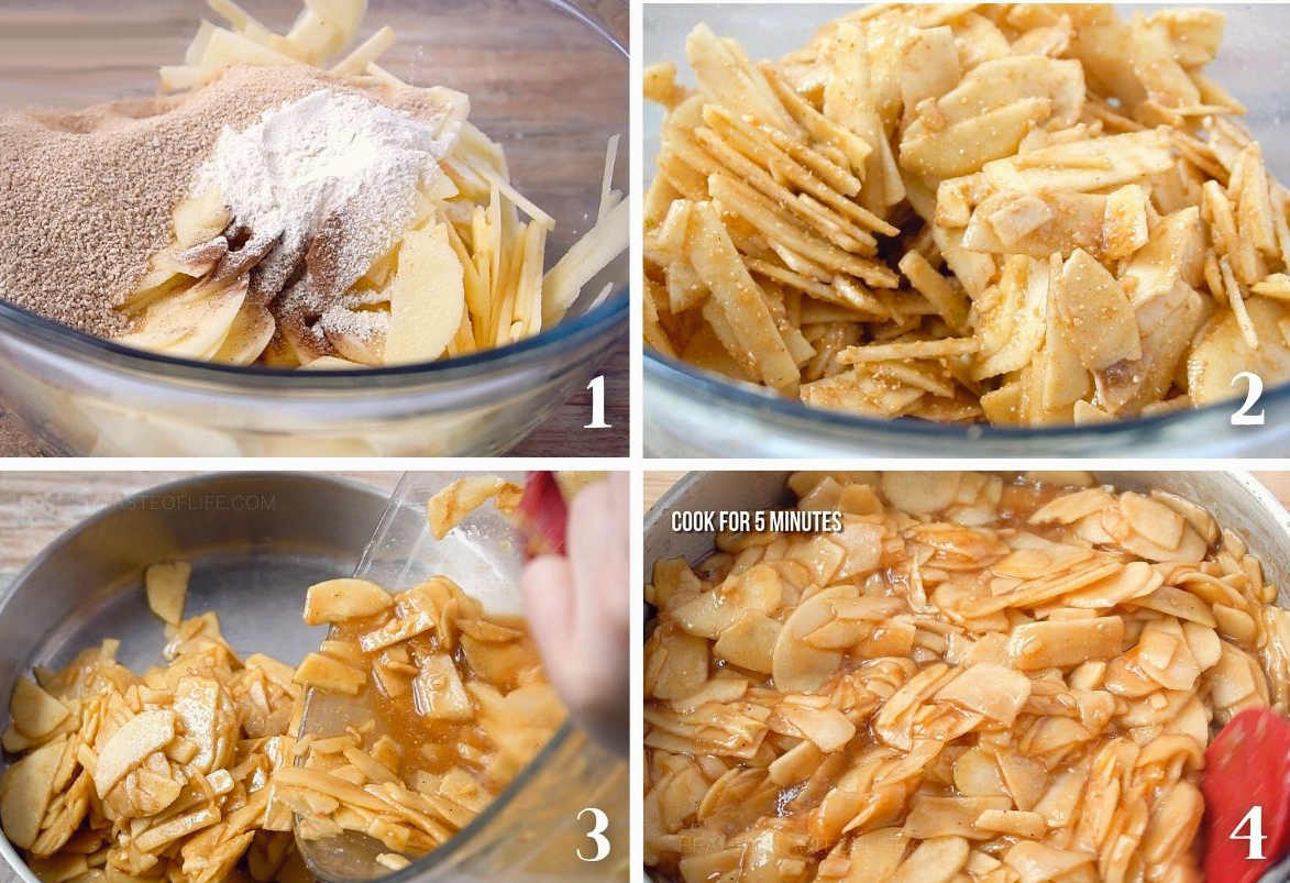 Process shots showing how to make the dairy free gluten free apple pie filling.