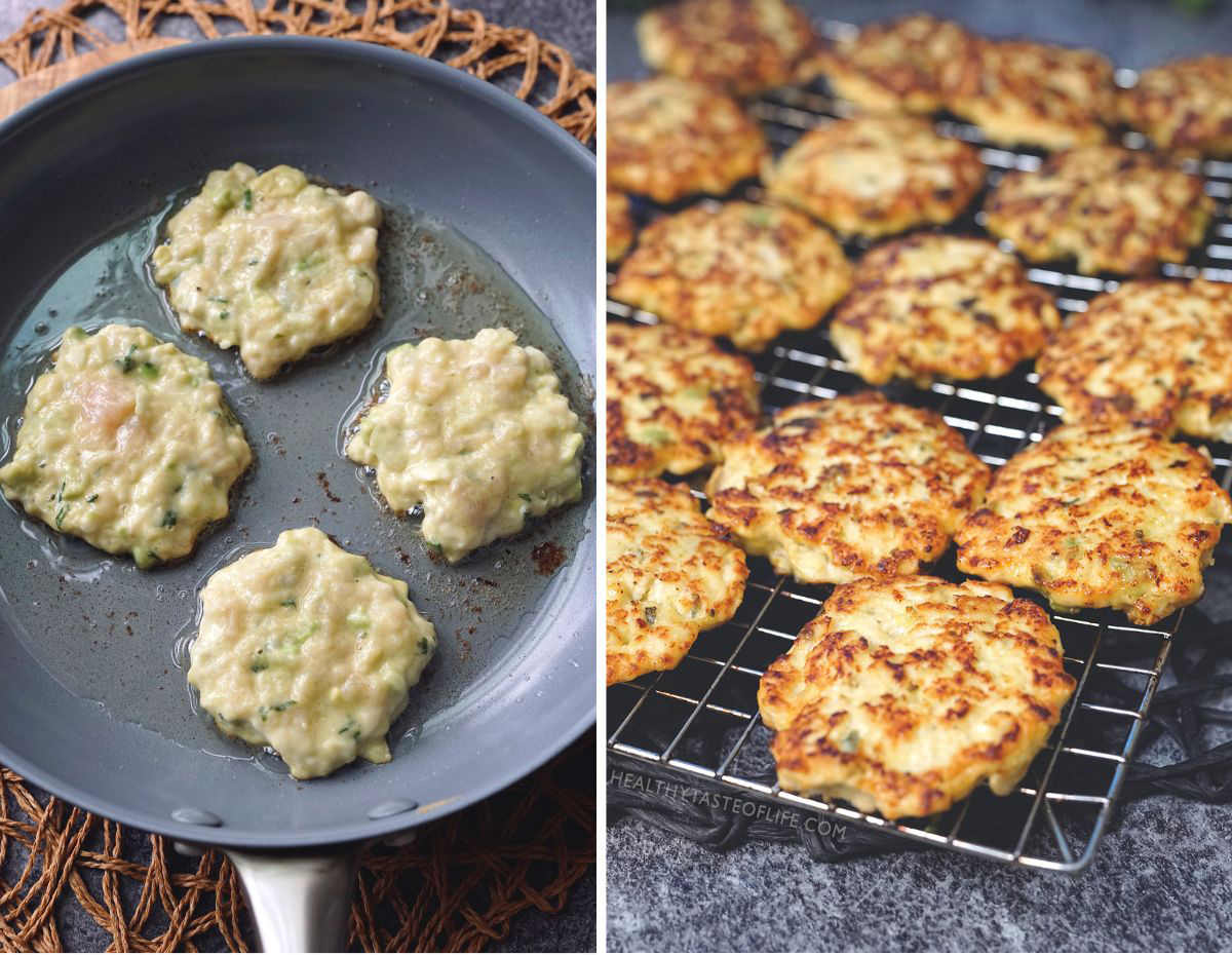 Process shots showing chicken fritters  cooking in a pan.