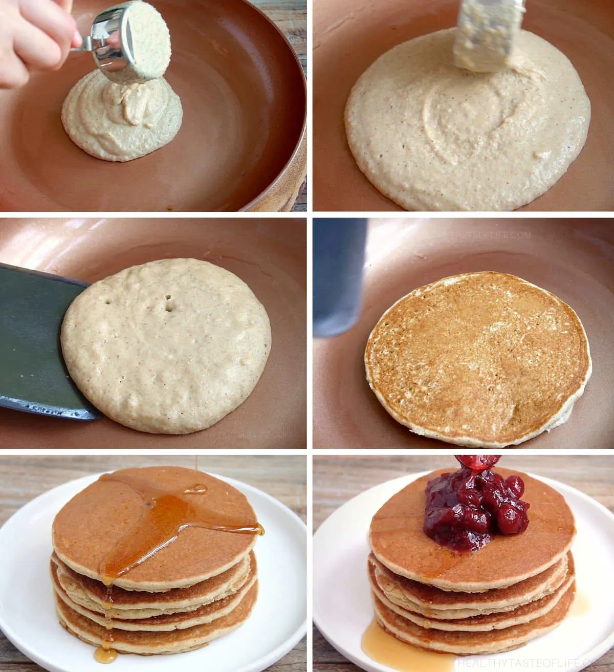 Process shots showing how to cook gluten free sourdough pancakes in a pan.