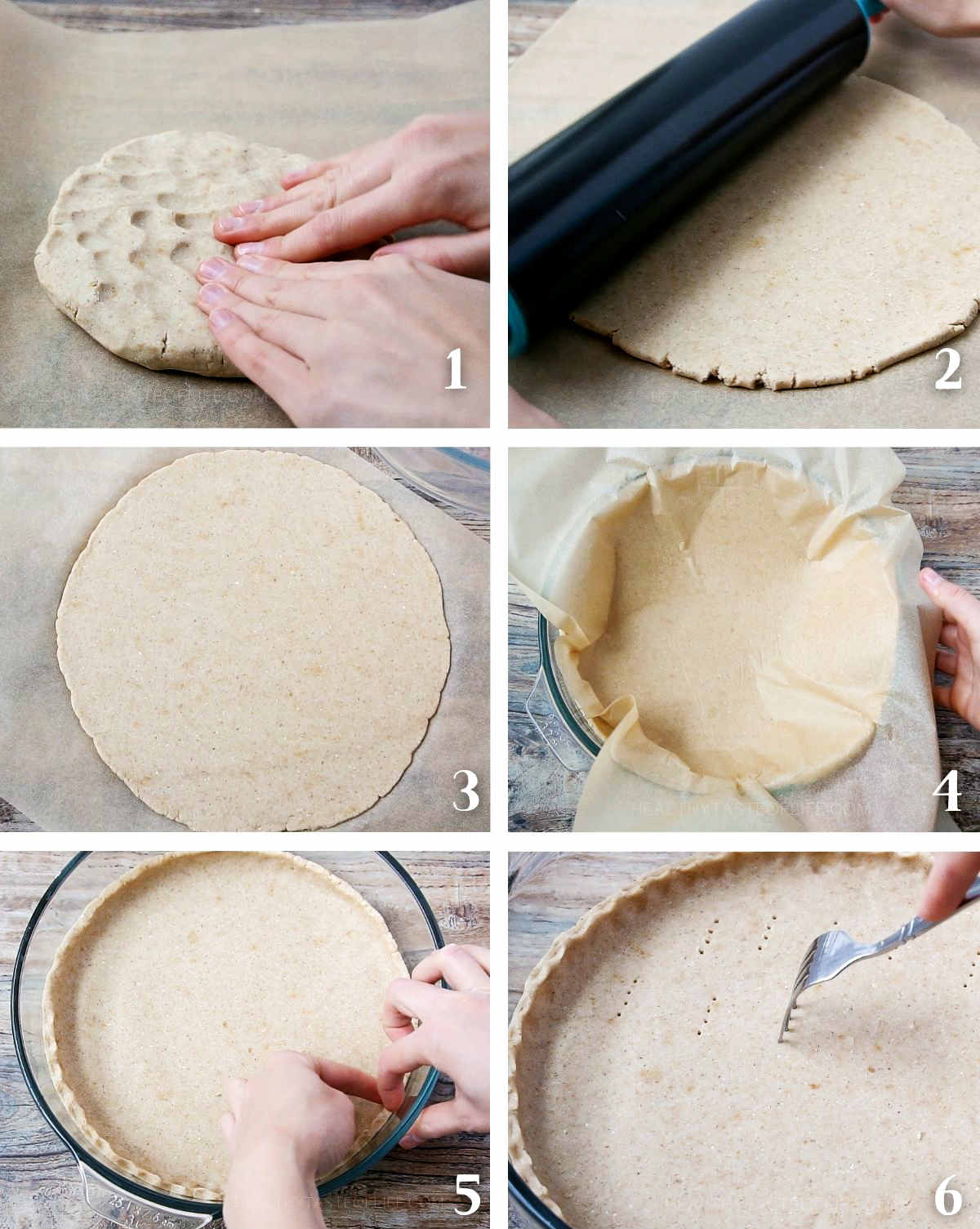 Process shots showing how to roll the vegan gluten free pie crust, how to arrange in the pie dish and prick with a fork for air release.
