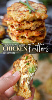These healthy chicken fritters feature fresh chicken breast meat coated with seasoned flour, eggs and a honey mustard sauce, then pan fried (or baked) - yielding a crispy exterior and juicy interior. They can also be called chicken pancakes, patties or cakes and can be customized to your liking, by adding other ingredients like cheese and other seasonings. Easily make them gluten free as well. #chickenfritters #chickenpatties #chickencakes #friedchicken #easy #healthy #recipe #glutenfree
