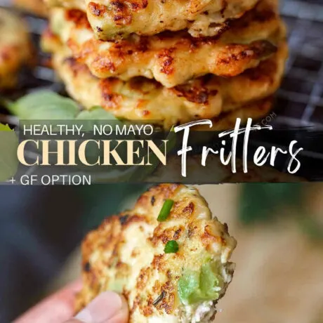 These healthy chicken fritters feature fresh chicken breast meat coated with seasoned flour, eggs and a honey mustard sauce, then pan fried (or baked) - yielding a crispy exterior and juicy interior. They can also be called chicken pancakes, patties or cakes and can be customized to your liking, by adding other ingredients like cheese and other seasonings. Easily make them gluten free as well. #chickenfritters #chickenpatties #chickencakes #friedchicken #easy #healthy #recipe #glutenfree