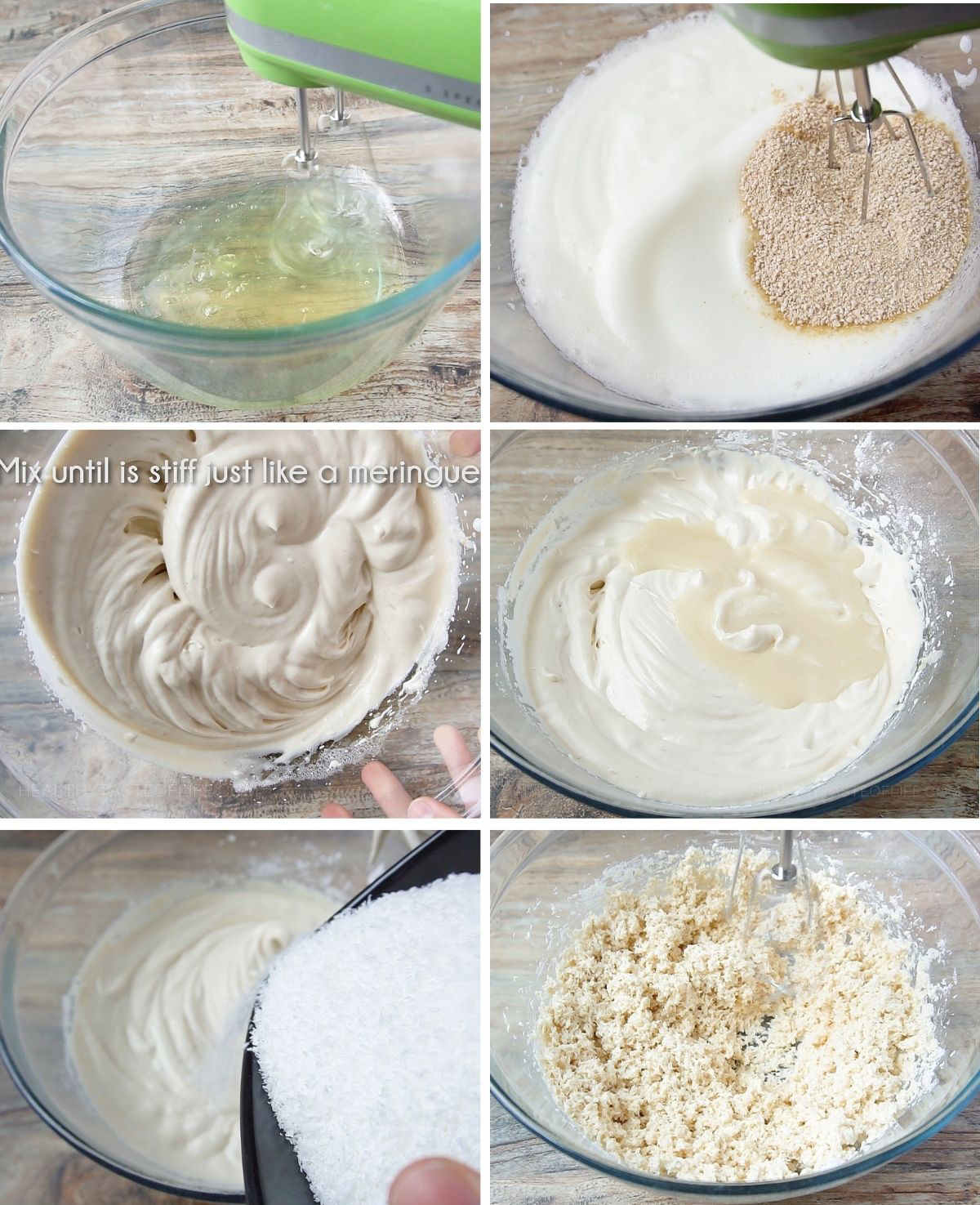 Process shots showing how to make dairy free macaroons by beating the egg whites and mixing with shredded coconut.