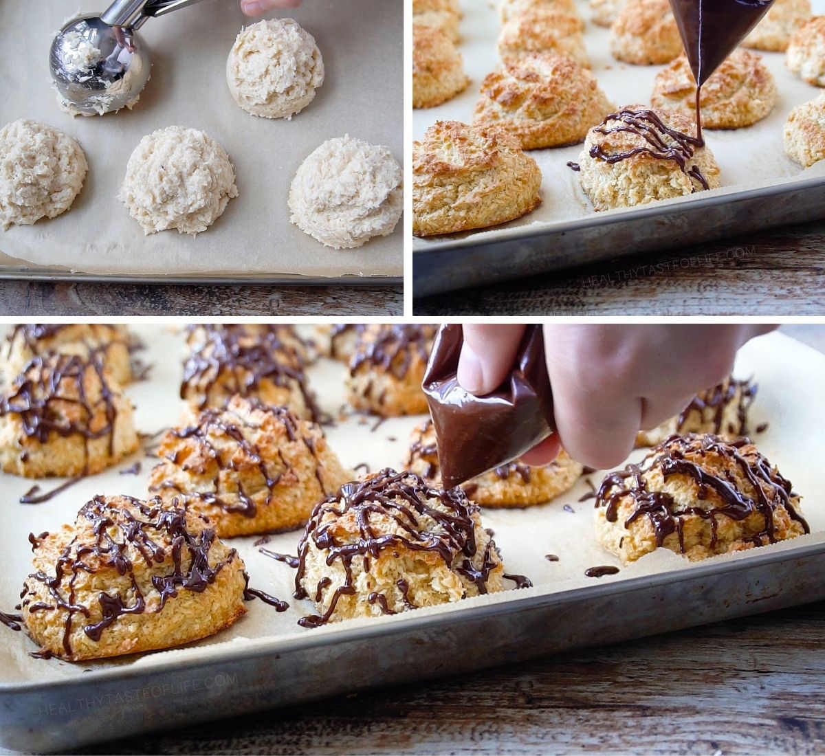 Process shots showing how to make homemade gluten free macaroons with dairy free ingredients and melted chocolate.