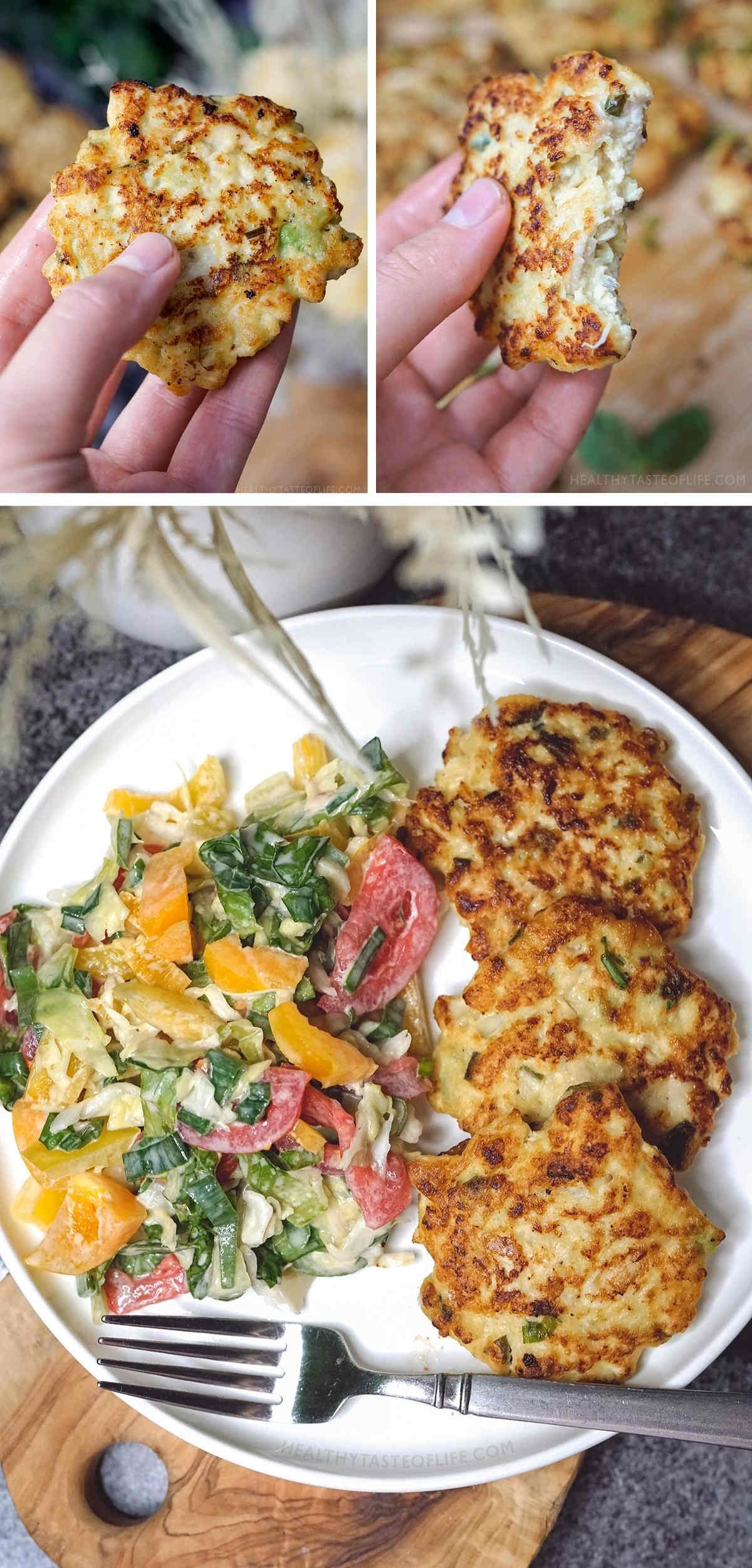 How to serve the chicken fritters, by them selves or with a salad.