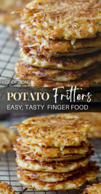 These potato fritters or pancakes feature grated potatoes, flour and eggs as the binding ingredient. Also deliciously flavored with grated garlic, onion and a mix of seasoning. The potato fritters are shallow-fried to a perfect crispy golden-brown color. #potatofritters #potato #fritters #pancakes #recipe #fingerfood