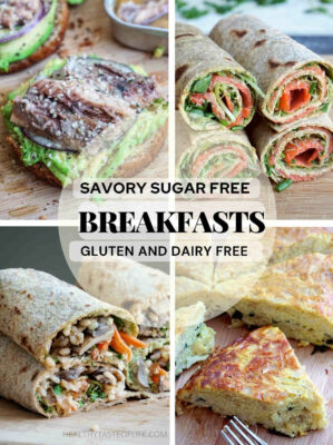 Looking for healthy savory breakfast ideas that are gluten free, dairy free and sugar free? Start your morning with these savory gluten free breakfast ideas – make ahead or enjoy on the go. Make your sugar free savory breakfast a breeze with these breakfast burritos, skillet casserole, avocado toast or tortilla roll ups – all dairy free and gluten free. #savory #glutenfree #dairyfree #sugarfree #breakfast #recipes