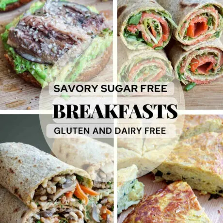 Looking for healthy savory breakfast ideas that are gluten free, dairy free and sugar free? Start your morning with these savory gluten free breakfast ideas – make ahead or enjoy on the go. Make your sugar free savory breakfast a breeze with these breakfast burritos, skillet casserole, avocado toast or tortilla roll ups – all dairy free and gluten free. #savory #glutenfree #dairyfree #sugarfree #breakfast #recipes