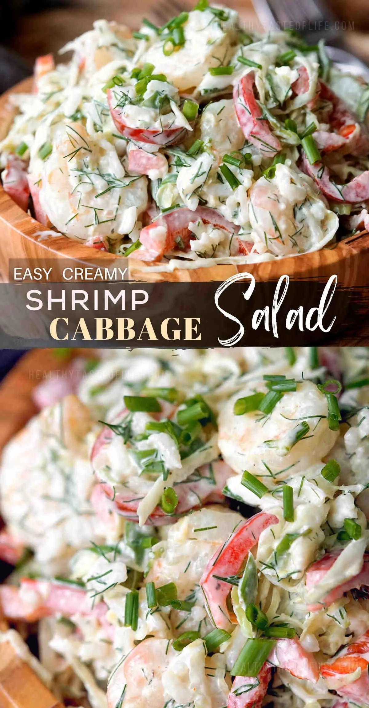 This easy shrimp cabbage salad features fresh shredded cabbage, cooked shrimp and rice, crunchy sweet bell pepper and green onion, then coated in a creamy dill dressing. Serve this simple cabbage and shrimp salad for lunch or dinner -  it also makes a filling main dish. Eat this cold shrimp cabbage salad as-is, as a side dish or spooned into a lettuce leaf for festive tables and holidays – great for a crowd and parties. #cabbagesalad #shrimpsalad #shrimpcabbagesalad #easysalad #cold #simple