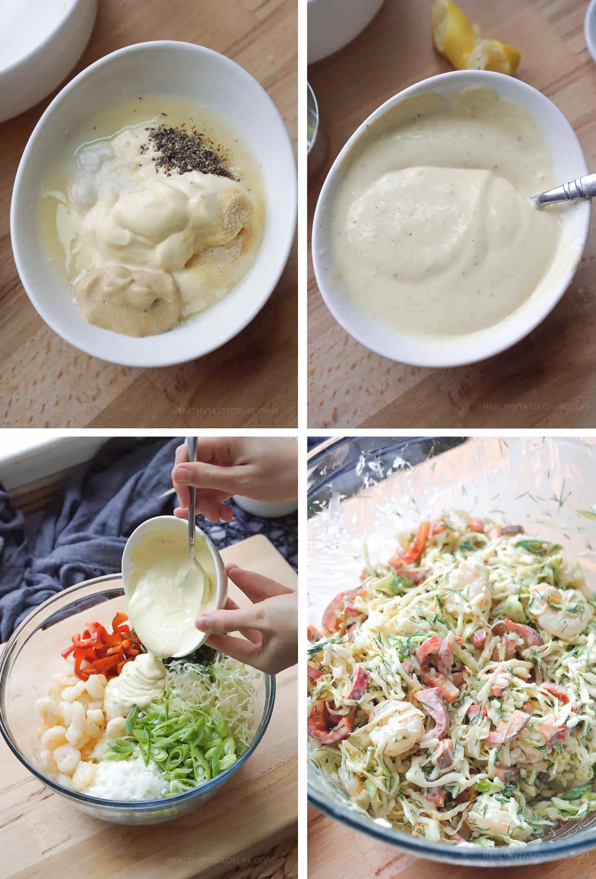 Process shots showing how to make the creamy dressing, combine the salad ingredients in a bowl tossed together to form the salad.