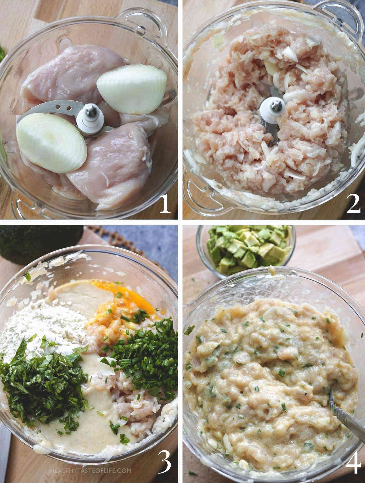 Process images showing step by step how to make the chicken fritters mixture, by chopping the chiken in a food processor first then adding the rest of ingredients.